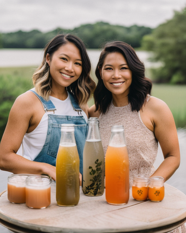 2 AI-generated Asian American woman are standing outside behind a waist high rustic wood table. On the table are bottles of natural soda and drinks.