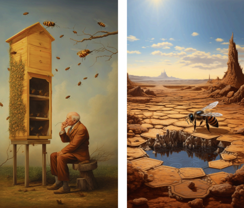 2 examples of Tallulah's work. One is an older man sitting on a stool under a tree. He is looking at a beehive and large bees are flying around. The second is a large bee at a watering hole in a desert with an expansive sky in the background.